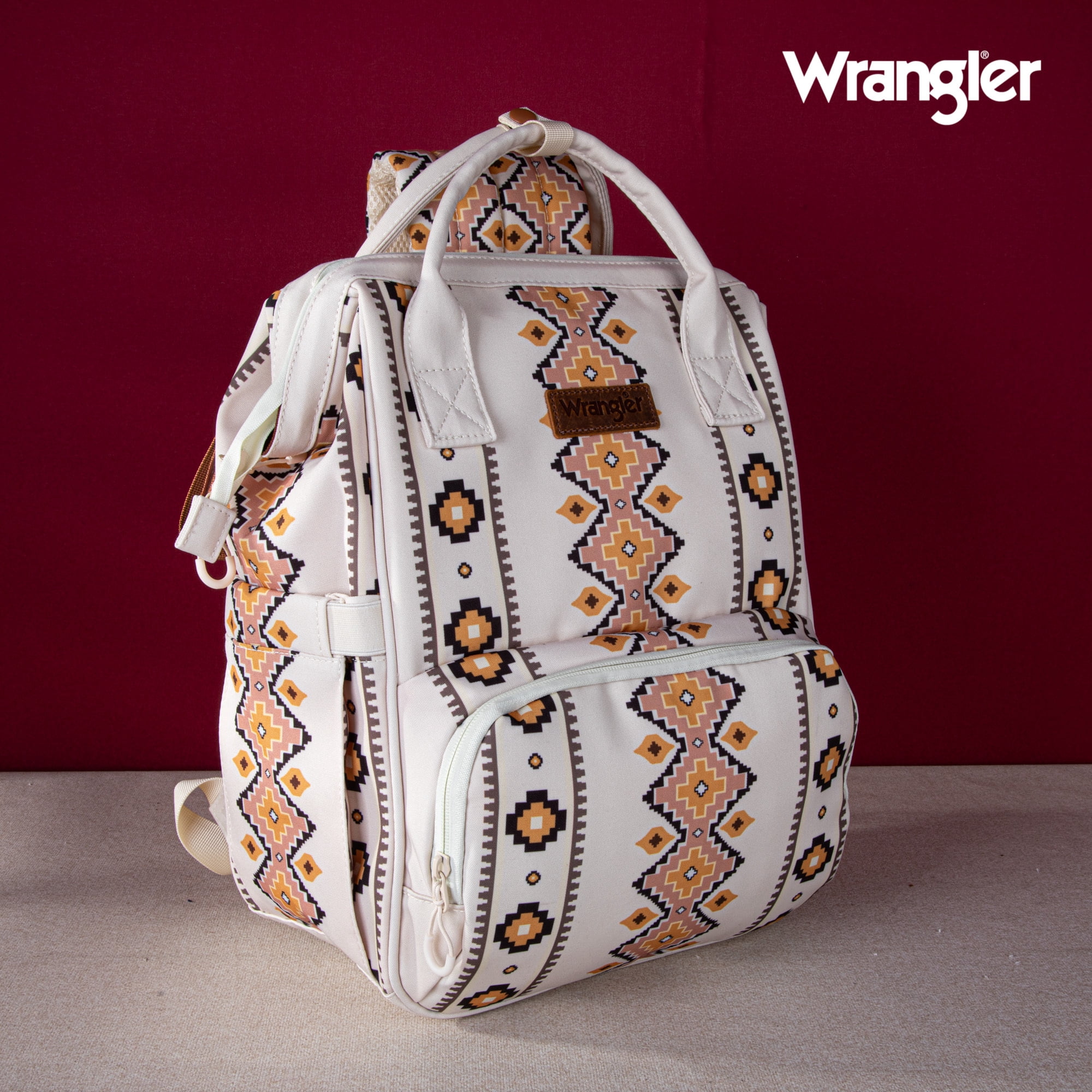Wrangler Aztec Travel Backpack Baby Bag for Women with Stroller Strap and Side Bottle Pockets Organized Diaper Bag, Tan