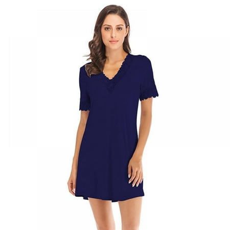 

Ardorlove Women s Simple Casual Short-Sleeved Nightdress Soft Lace V-neck Pajamas