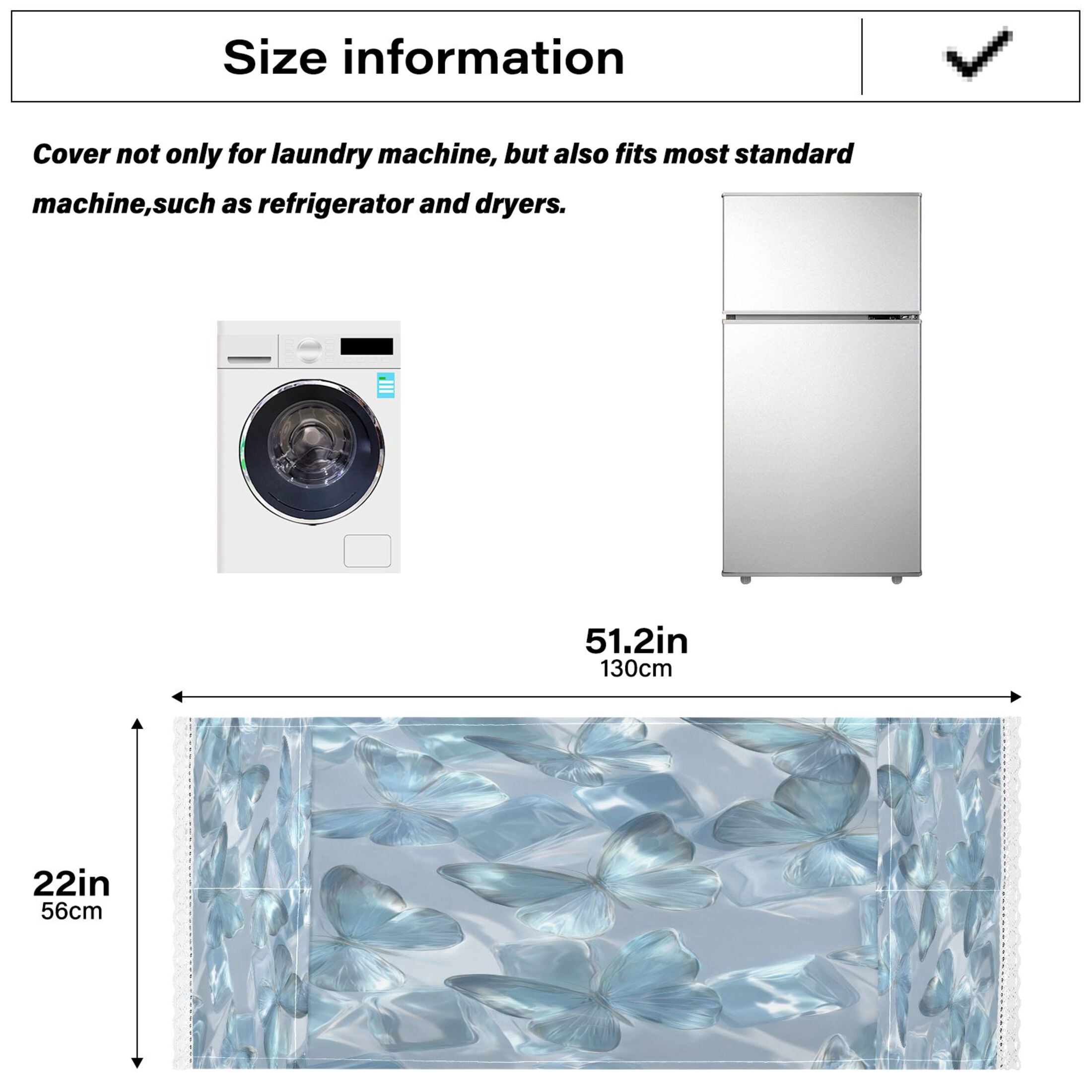 Washing Machine Cover 51.2x22in, Durable Polyester Dust Cover with Lace Trim and Side Pocket for Appliances Ice Butterfly