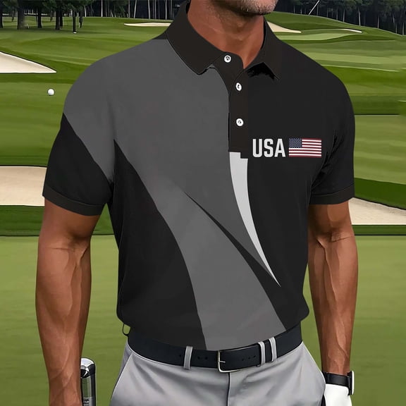 BRGZLK Mens Golf Shirts 250 Anniversary USA Shirt Summer Trendy Short Sleeve Turn-Down Collar Tees Loose Fit Patriotic Tops Dark Gray XXL