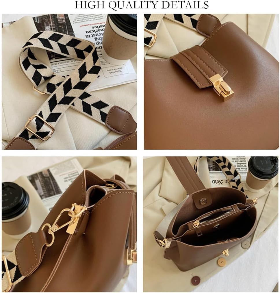 Leather Bucket Bags and Purses for Women Hobo Crossbody Bucket Handbag with Guitar Strap Casual Hobo Shoulder Bag