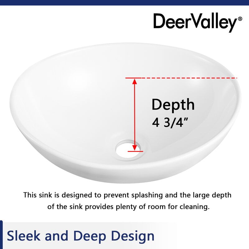 DeerValley DV-1V051 Vessel Sink Above Counter Bathroom Vanity Basin Bowl, High-gloss Oval Ceramic  in White