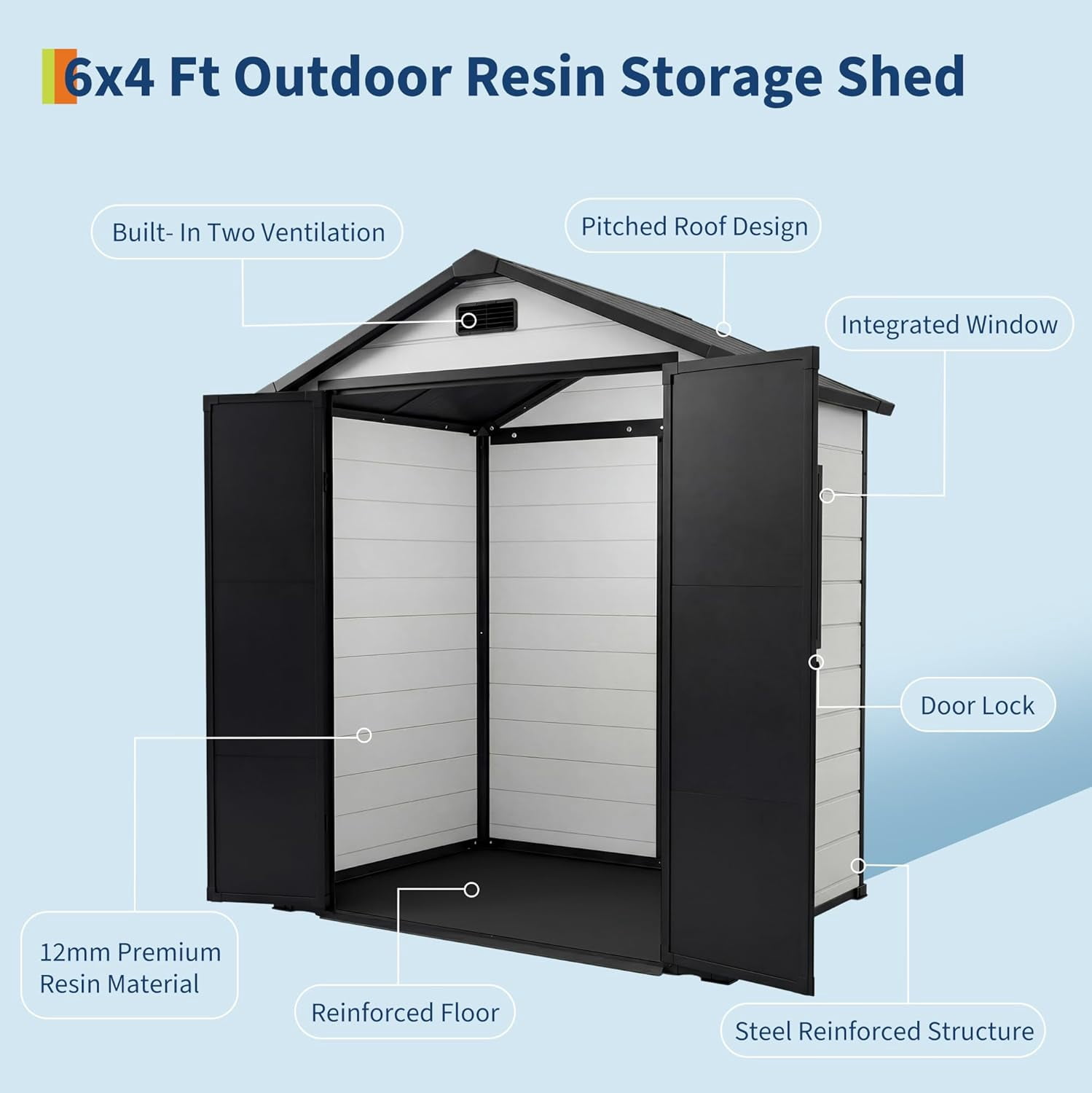 6x4 FT Outdoor Storage Shed with Floor, Plastic Resin Garden Shed with Window & Sloping Roof & Lockable Door for Patio Backyard Garden, Lawn Mower, Bike, Tool Storage