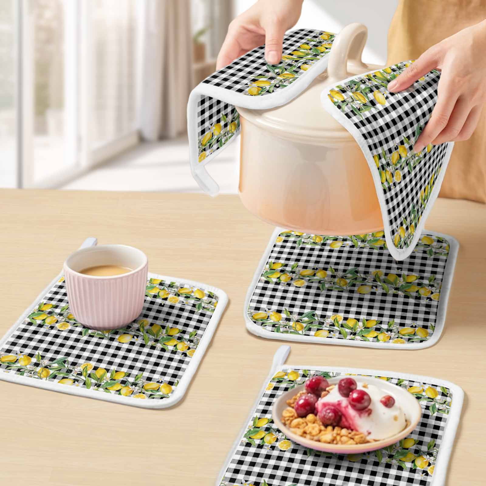 Lemon Pot Holders for Kitchen Heatproof Potholder, 3 Pack Farmhouse Summer Botanical Fruit Black White Plaid Hot Pads Multipurpose Oven Pads Cloth Potholders Trivet for Cooking Baking