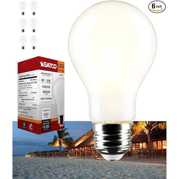 Satco S12151 LED A19 Light Bulb 8W 120V Warm Dimming 3000K-2000K 800 Lumen Frost Finish E26 Medium Base (6 Pack)