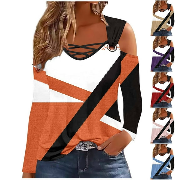 HAPIMO Women's Workout Color Block Tops Loose Shirts Vacation Casual Elegant Keyhole Neck Pullovers Cold Shoulder Tees Outfits Fashion Blue L