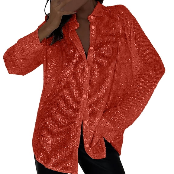 Oversized Tshirts Shirts for Women Long Sleeve Fashionable Sequin Lapel Solid Color Casual Shirt Short Sleeve Women's Tops, Tees & Blouses