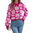 thumbnail image 2 of Womens Mock Neck Sweater Long Sleeve Block Cute Heart Knit Fall Winter Tops Ribbed Knit Pullover Sweaters Pink M, 2 of 9