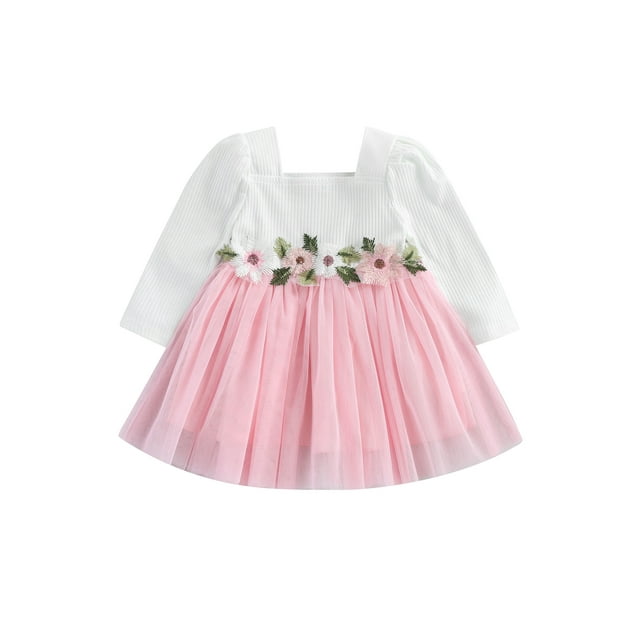 xiaxaixu Bambin Filles Princesse Robe à Manches Longues Tulle Patchwork Robe de Printemps avec Décor Floral
