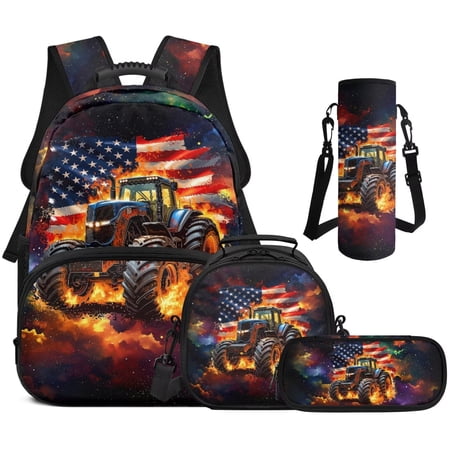 Binienty American Flag Tractor 4 Piece Bookbag With Lunch Box Set For Girls 12-14 Zipper School Backpack Lunchbag Zippered Pencil Bag Children Back To School Gifts