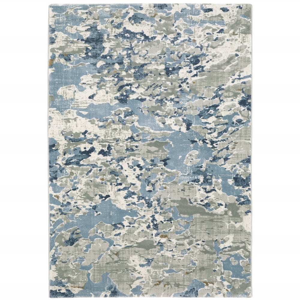 2 X 8 Grey Blue Ivory Navy Beige And Brown Abstract Power Loom Stain Resistant Runner Rug