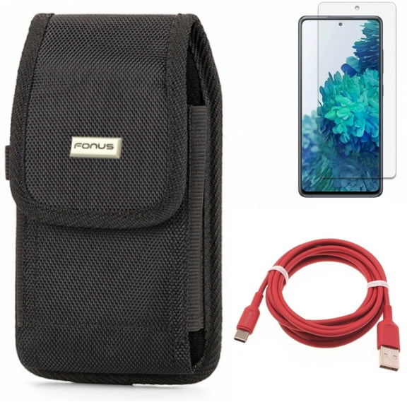 Case Belt Clip & 6ft USB-C Cable & Screen Protector for Samsung Galaxy S20 Fan Edition - Swivel Holster   Red Charger Cord   Anti-Glare Tempered Glass Combo