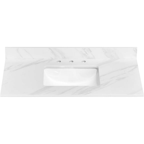 36 Inch Vanity Top, White Engineered Stone Vanity with Sink, Rectangular Middle Sink with 8 in. Faucet Hole Spacing and Backsplash Bathroom Sink