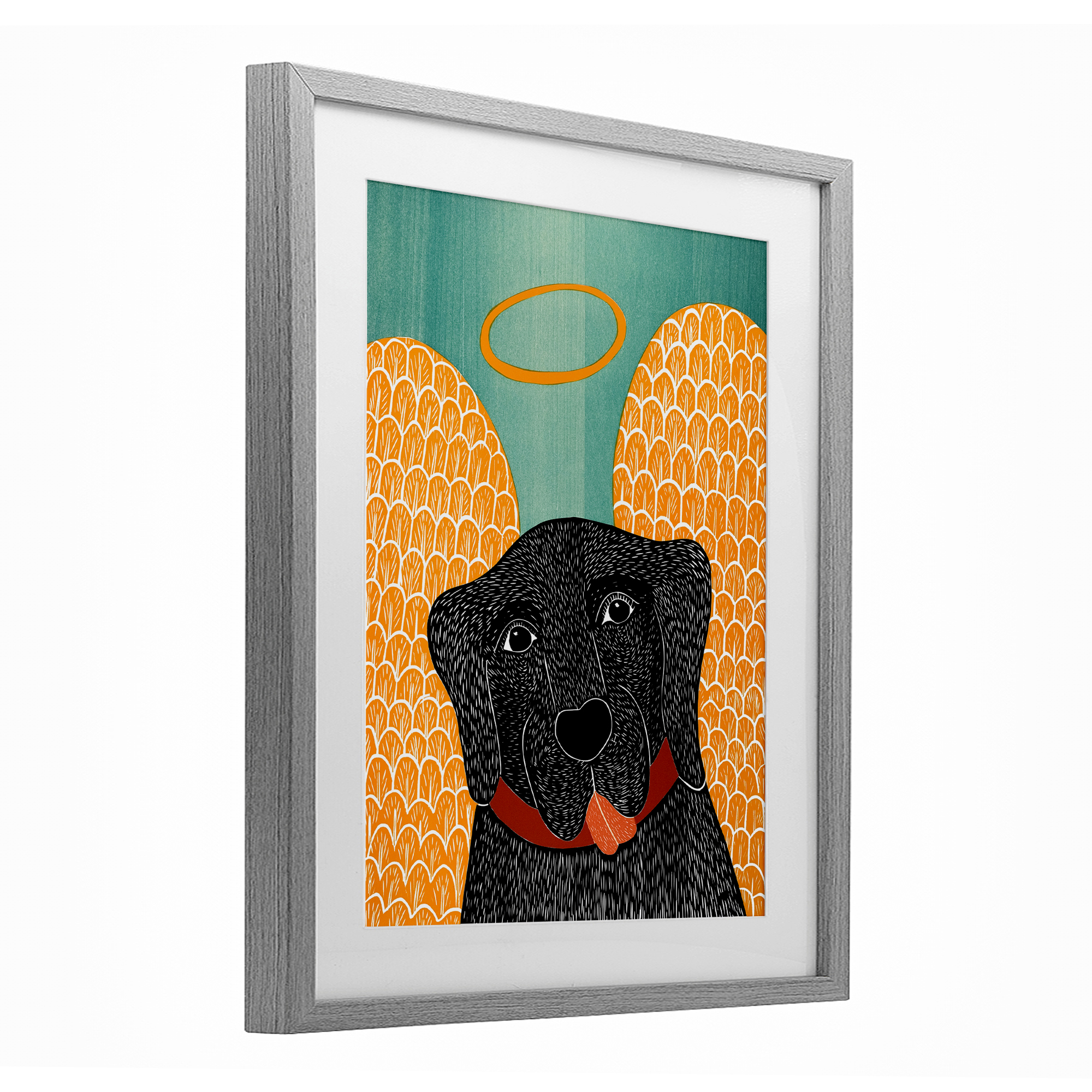 Dog Angel with Yellow Wings Gray Framed Print Under Glass, design by Stephen Huneck