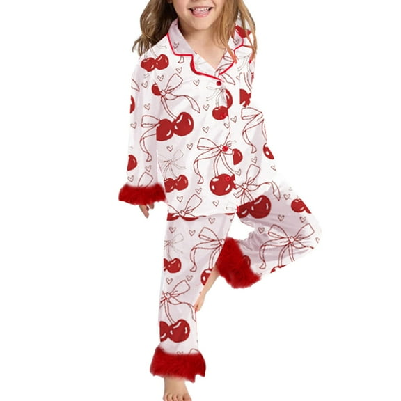 Kids Pajamas Girls Bow Print Long Sleeve Pajama Button Down Top and Long Pants Two Piece Sleepwear Soft for Toddlers Pink 10 Years-11 Years