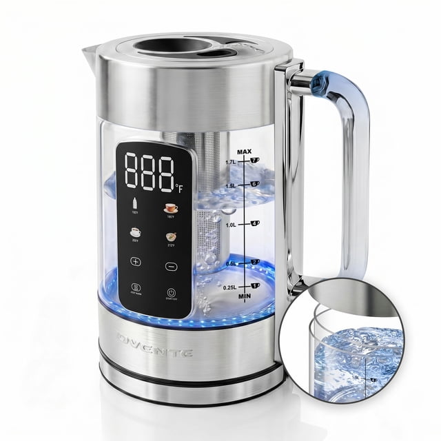 OVENTE Digital Glass Electric Tea Kettle 1.7L wit
