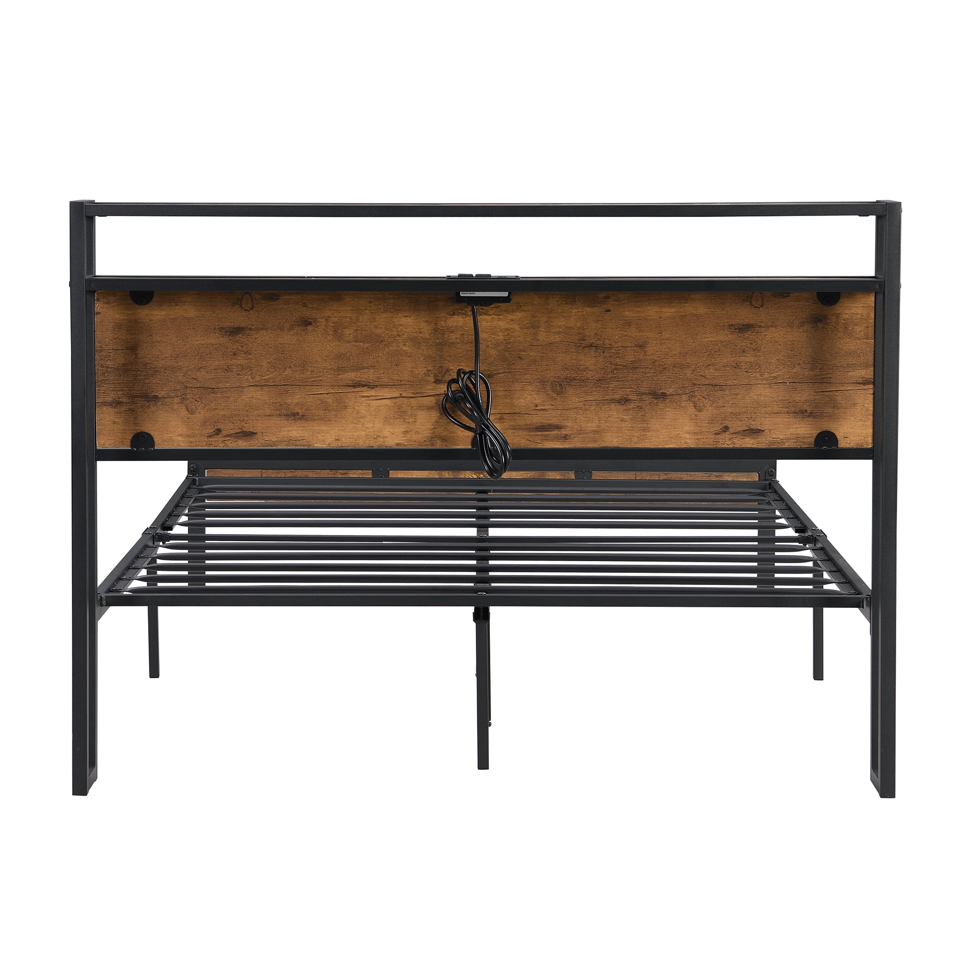 Gewnee Full-Size Metal Bed Frame with Wooden Headboard/Footboard and USB Liner, Sturdy Steel, No Box Spring Needed