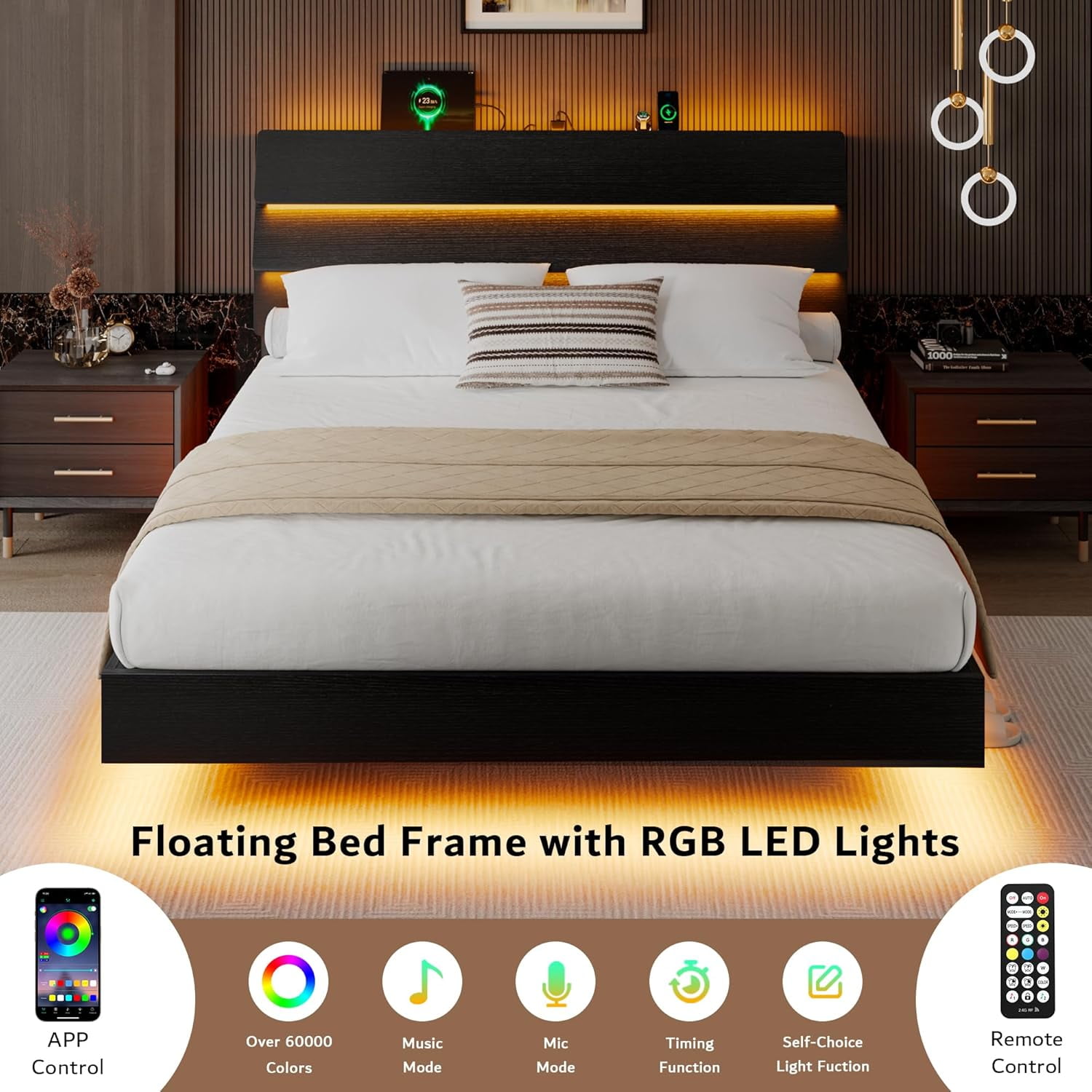 Honfach Floating Full Size Bed Frame with LED Lights & Charging Station, Platform Bed with Wooden Storage Headboard, Black.