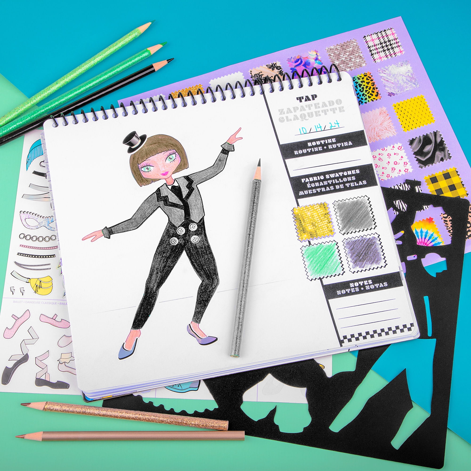 Fashion Angels: Fashion Sketch Set - I Just Wanna Dance - Design & Create Themed Outfits, 35 Page Drawing Art Portfolio, Stickers & Stencils, Kids 6+