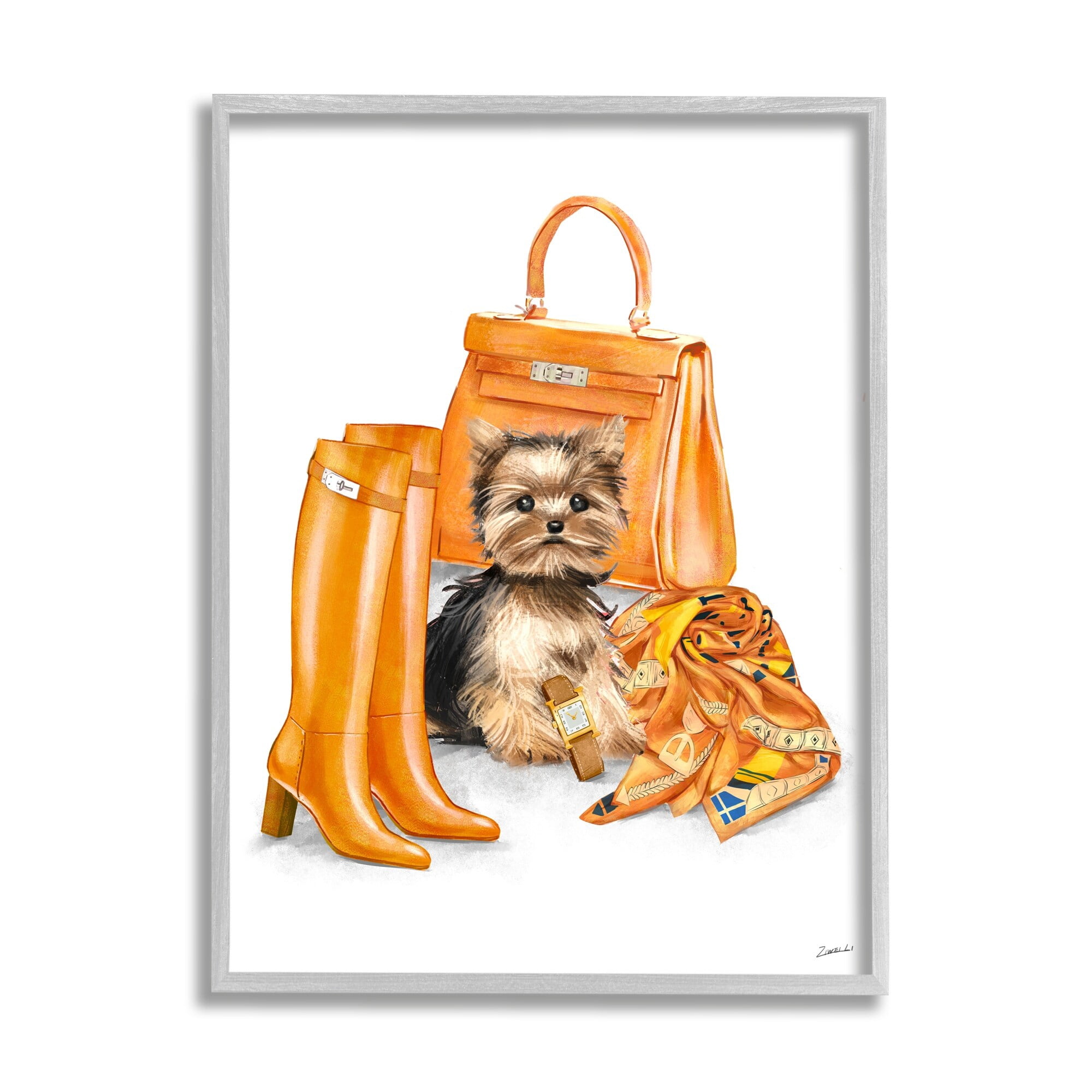 Stupell Industries Orange Yorkie Puppy Dog Fashion Purse Accessories Framed Wall Art, 24 x 30, Design by Ziwei Li