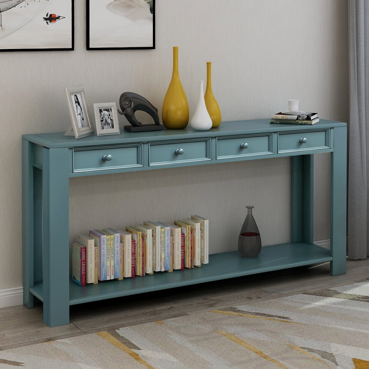 Private Jungle 60" Long Console Table for Entryway Hallway Sofa Table with Storage Drawers and Bottom Shelf,Retro Blue Private Jungle 60" Long Console Table for Entryway Hallway Sofa Table with Storage Drawers and Bottom Shelf,Retro Blue