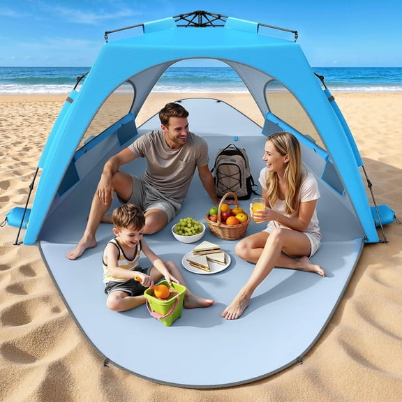 Beach Tent Sun Shelter, 3-4 Person Pop Up Beach Canopy, Portable Sun Shade Tent with Carrying Bag for Sands & Outdoor, UPF 30  UV Protection, Breathable Mesh Window, Sky Blue