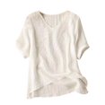 thumbnail image 2 of Fesfesfes Shirt Womens Spring Summer Solid Color Casual Loose Fashion T-Shirt Short Sleeve V-Neck Embroidery Button Tops Cotton And Linen Blouse Womens Basics Top 3XL(US:14), 2 of 6
