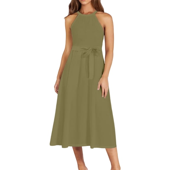 Women’s Halter Neck A-Line Midi Dress Sleeveless Tie Waist Casual Summer Vacation Dress
