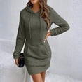 thumbnail image 3 of Women's Hoodie Dress Sweatshirt Dress Long Sleeve Pullover Hooded Plush Fleece with Drawstring Pocket for Winter Loungewear,Army Green,L, 3 of 7