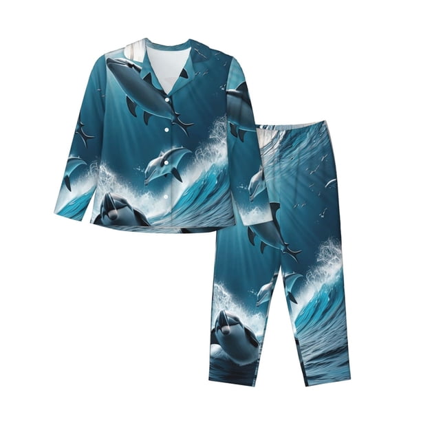 Balery Ice Blue Ocean Cute Dolphin A Conjunto de Pijama con Estampado para Mujer, Conjunto de Dos Piezas con Manga Larga, Ropa de Dormir Suave con Bolsillos, Pijamas Cómodos-XX-Large