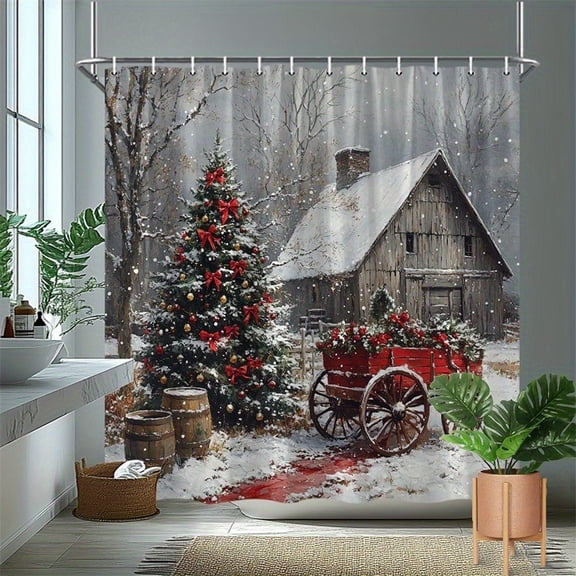 Winter Snowy Cabin Christmas Tree Red Wagon Snowflake Print Shower Curtain With Hooks Farmhouse Xmas Bathroom Decor