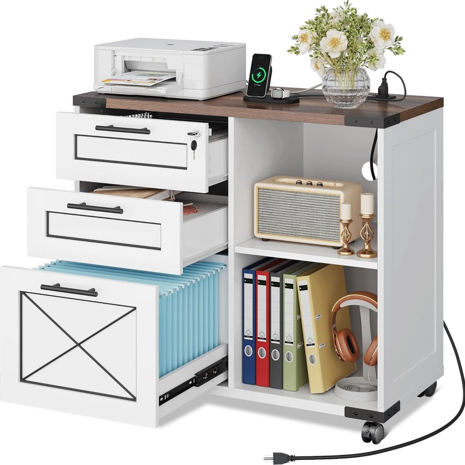 Wood File Cabinet with Charging Station, Mobile Lateral Filing Cabinet with Lock for Home Office, Printer Stand with Open Storage Shelves, Cottage Style White