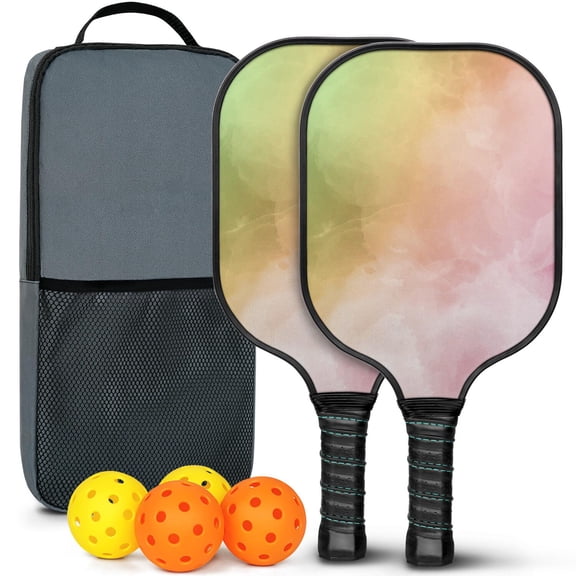 Pickleball Paddles Set Of 2, Fiberglass Surface, Fluid Smoke Aurora Art Style, 4 Balls & Bag