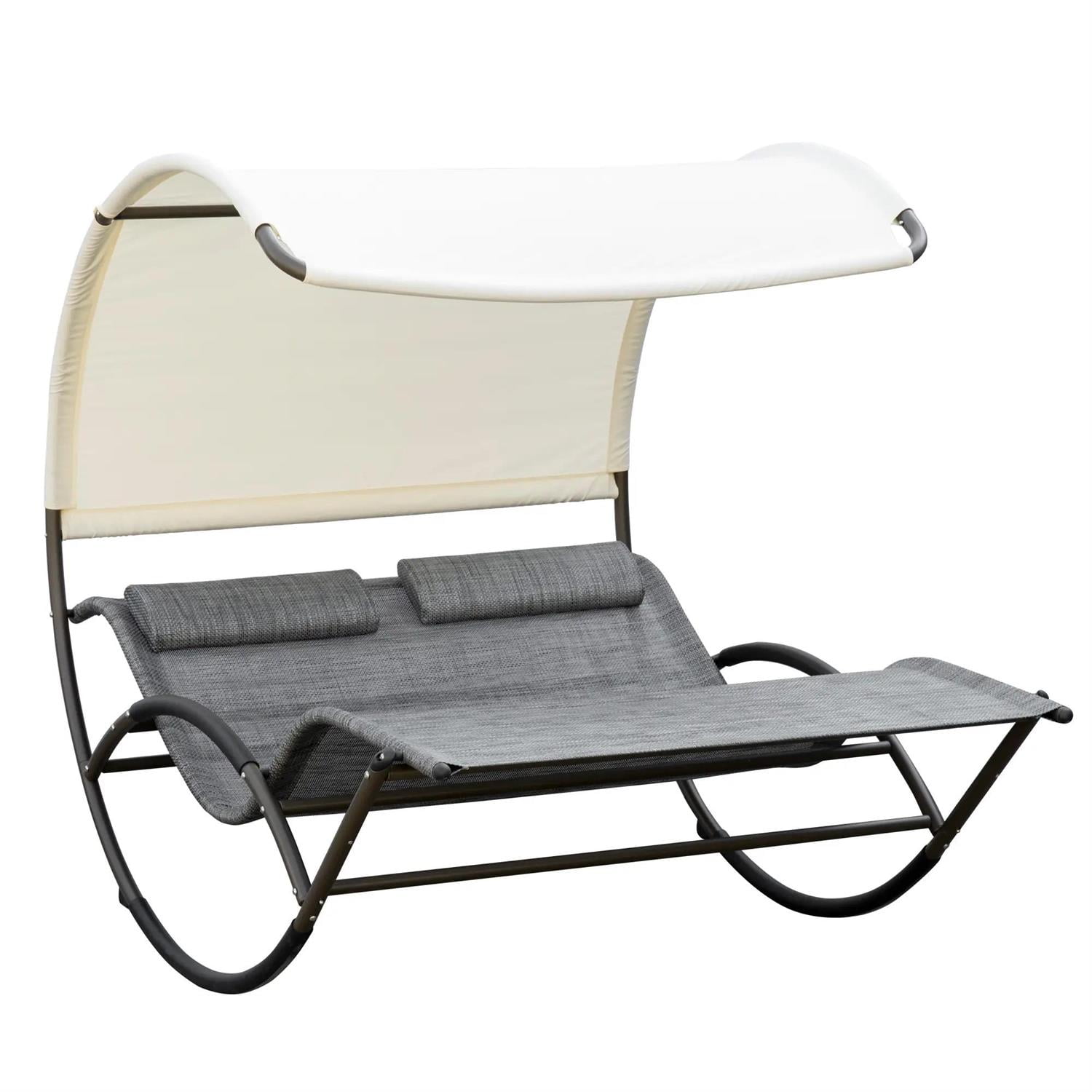 Demi Bonn Patio Outdoor Double Chaise Rocking Chair, Day Bed Sun Lounger with Canopy Shade, Headrest Pillow, Armrests for Garden, Poolside, Gray