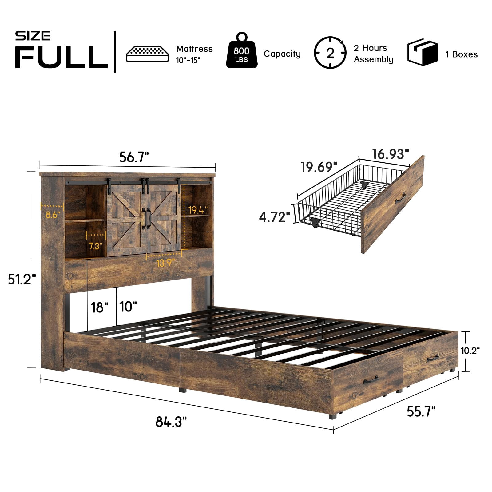 VanAcc Full Size Wooden Platform Storage Bed Frame with 51.2" Wood Bookcase Headboard(Rustic Brown)