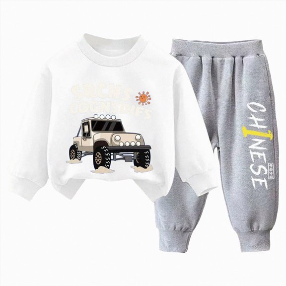 Gubotare Baby Boy Fall Winter Clothes Toddler Kids Solid Outfits Vehicle Long Sleeve Sweatshirt Tops Joggers Pants Set White,Size 4-5 Years