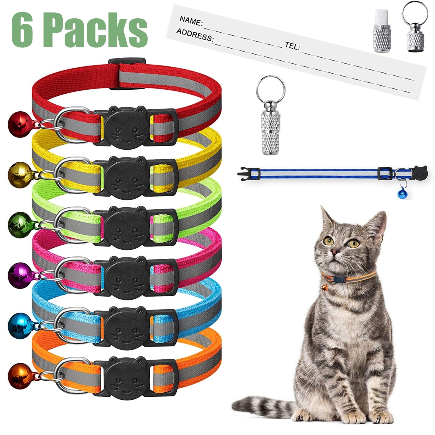 6 Pcs Reflective Cat Collar with Bell, Breakaway Cat Collars with Name