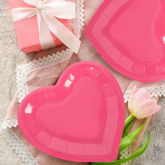 Eespoir Heart Shaped Paper Plates, Valentine Day Paper Plates, Romantic Heart Plates, For Valentines Day Decorations Parties Celebrations Colorful Tableware(Hot Pink)