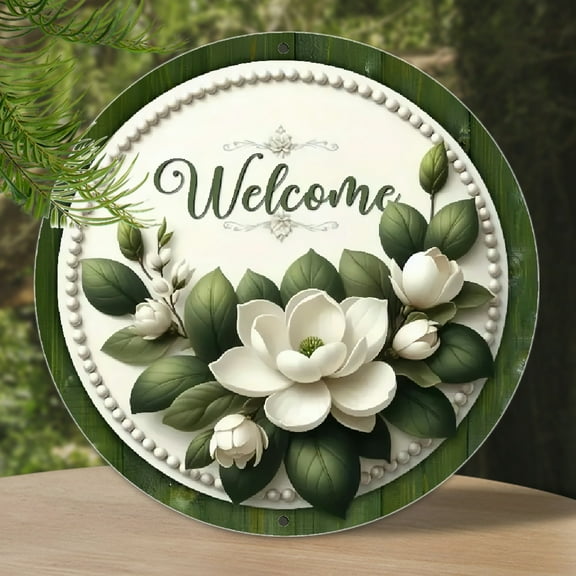 1pc 2D Flat Rustic Magnolia Blossoms Welcome Sign - Vibrant Floral Art on Round Wood - Perfect Door Decor, Womens Gift, Wall Accent, Home & Porch Styling Metal Sign Wall Decor, 8x8 inch Wall Art