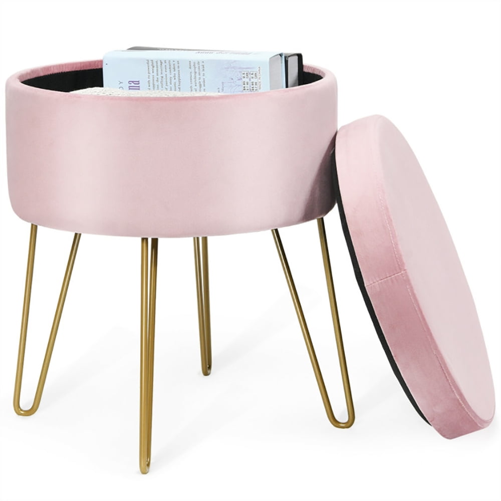 Finihen Round Velvet Storage Ottoman, Footrest Stool, Vanity Chair with Metal Legs, for Living Room, Bedroom, Pink Finihen Round Velvet Storage Ottoman, Footrest Stool, Vanity Chair with Metal Legs, for Living Room, Bedroom, Pink