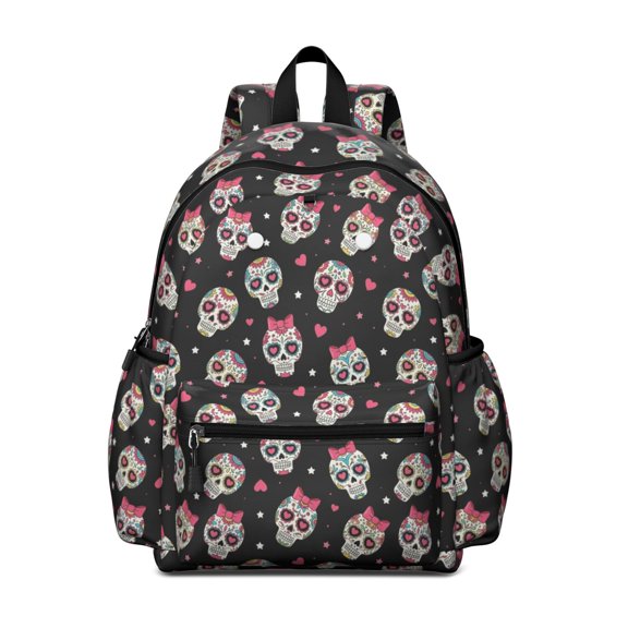 Skull and Bow Gothic Pattern Cute School Backpack with Padded Back and Adjustable Shoulder Straps 13.4"x11"x4.7"