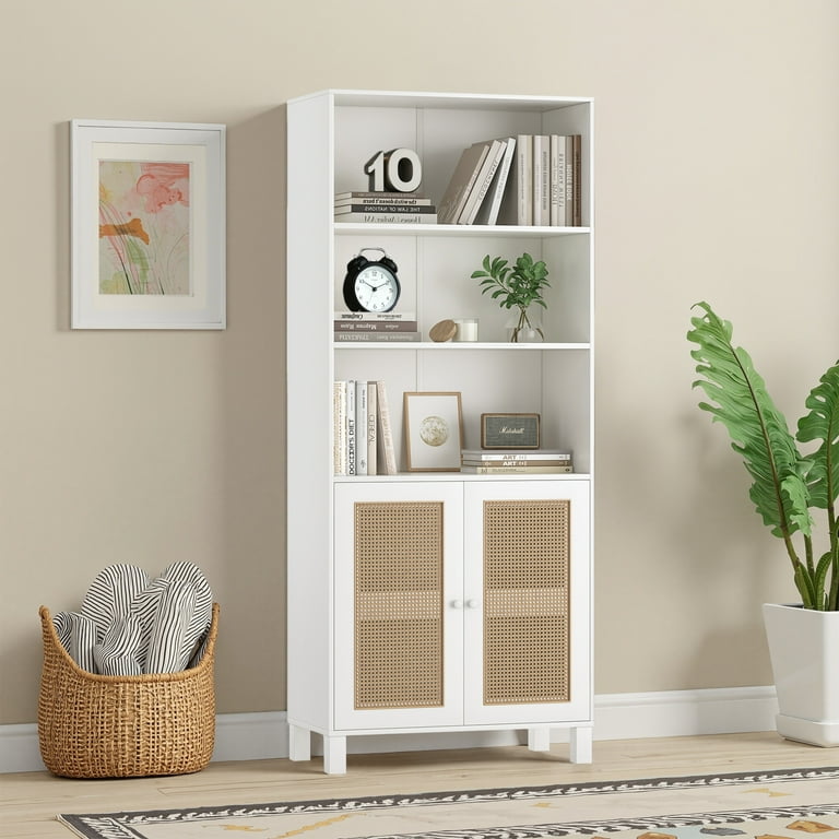 MAYEERTY 5-Shelf Bookcase with Rattan Doors, Tall Display Shelves