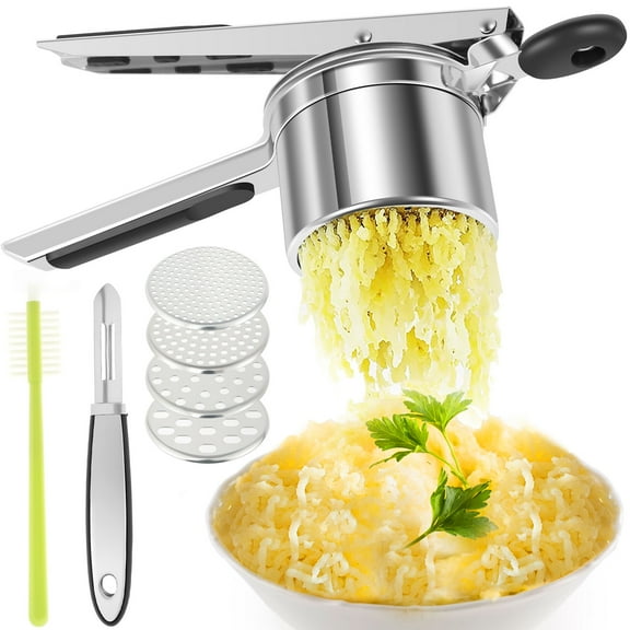 Potato Ricer Stainless Steel Potato Masher Manual Potato Press Reusable Potato Ricer Masher Potato Press with 4 Interchangeable Discs for Mashed Potatoes Vegetables