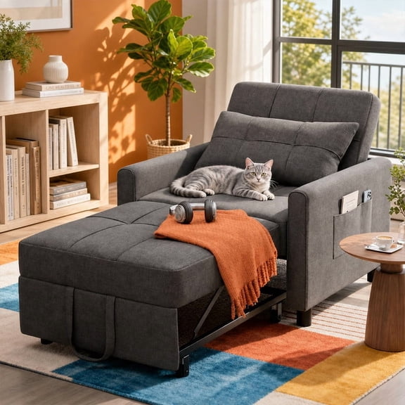 3-in-1 Convertible Chair Bed Sleeper - Plush Accent Chair to Lounger to Single Bed, Space-Saving Folding Chair with Breathable Linen Fabric & Metal Frame for Apartment, Dorm, RV, Dark Gray