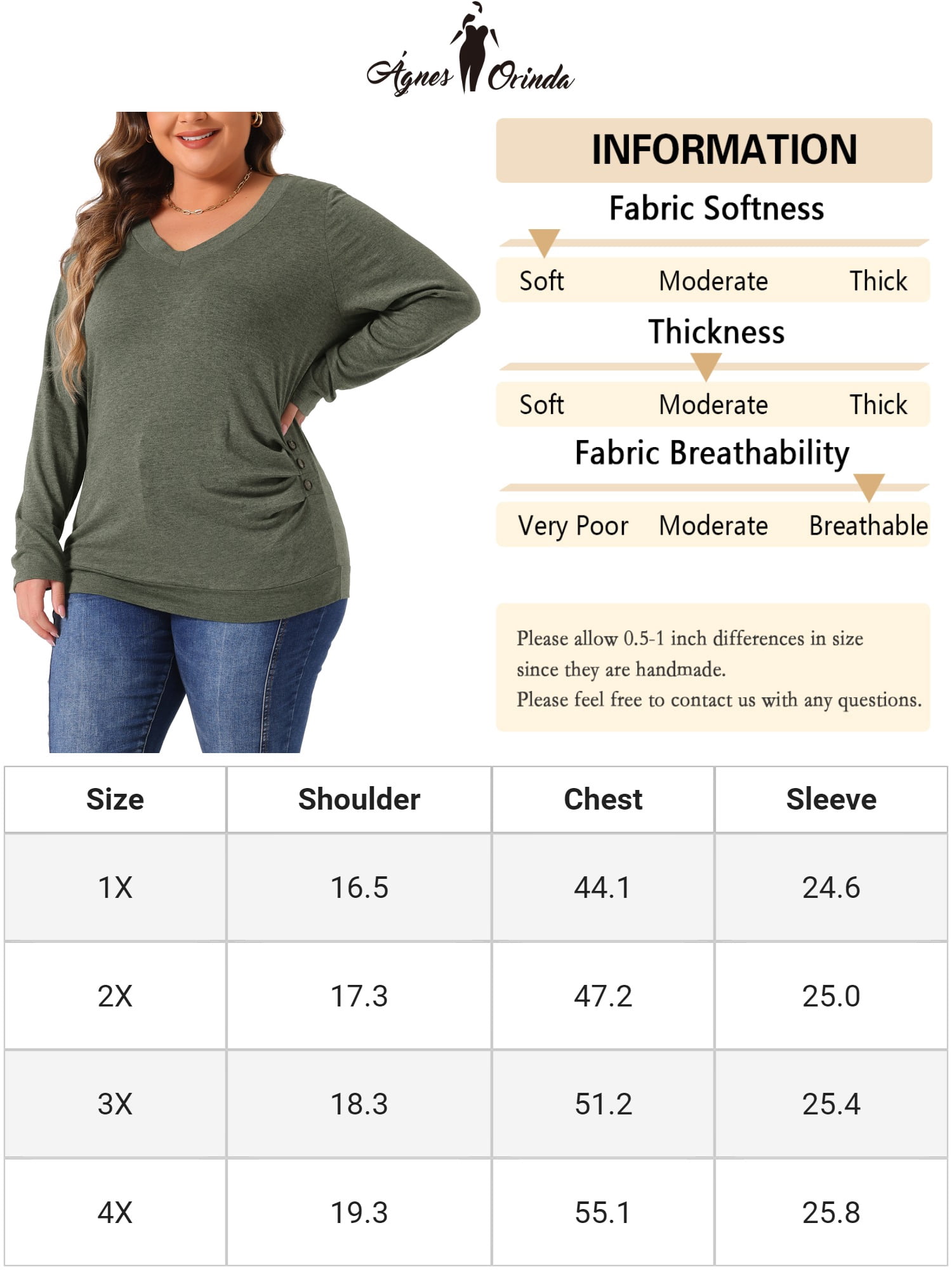 DARING DIVA Women's Plus Buttons Decor Ruched Casual Blouses 1X Green