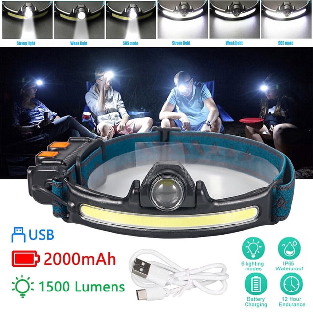 COB LED Headlamp Headlight Torch 6 Light Models Buit-in Battery Cycling Light - Zoomable Adjustable Angle USB Rechargeable