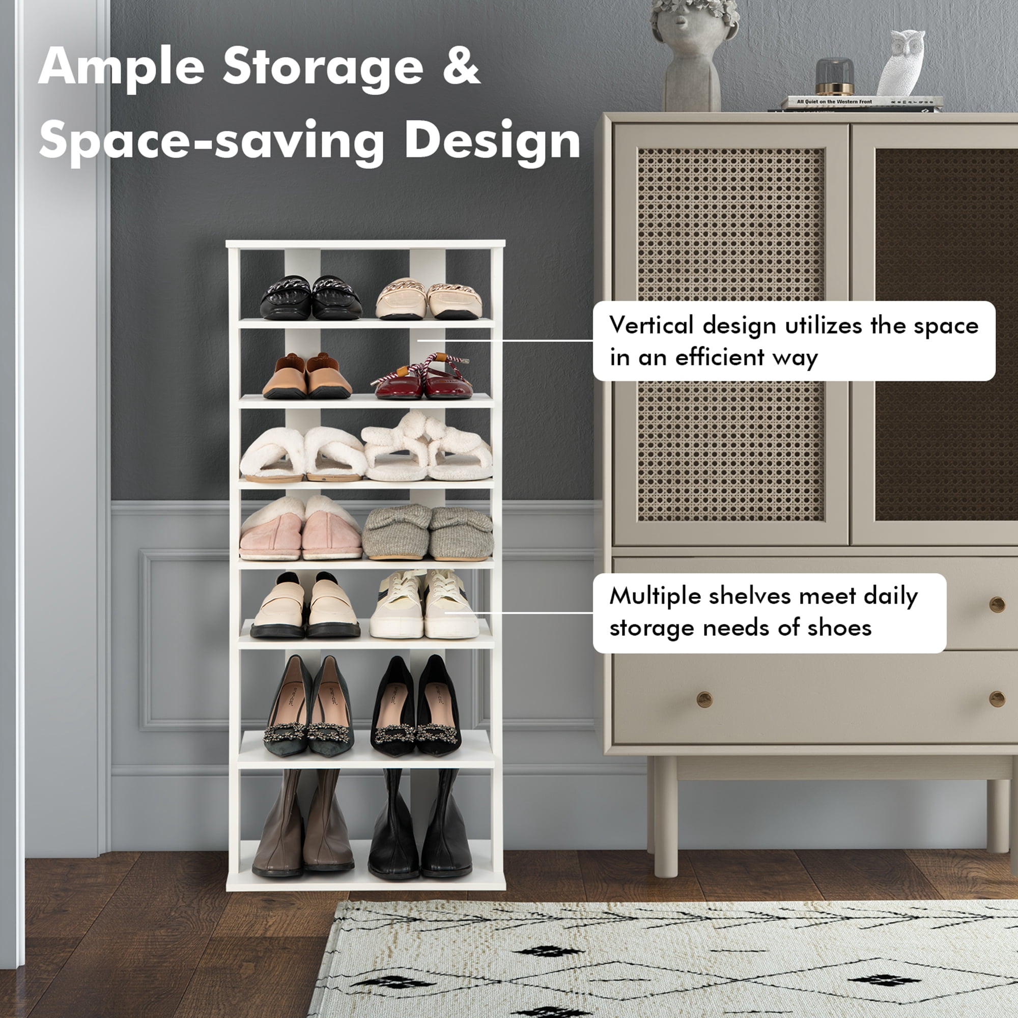 Costway Patented 7-Tier Double Rows Shoe Rack Vertical Wooden Shoe Storage Organizer Rustic White