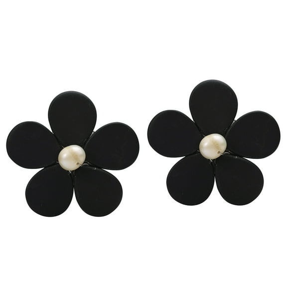 Adorable Daisy Black Onyx&Pearl Flower Clip On Earrings