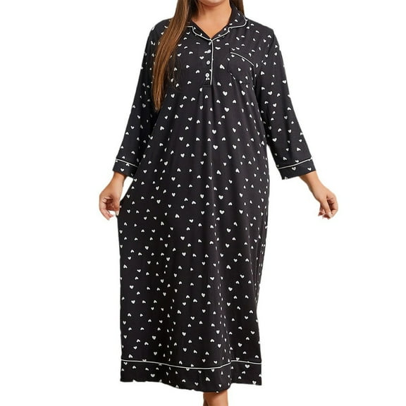 Jgppe Women's Long Sleeve Pajama Dress Large Size Prinetd Pullover Loose Nightgowns Sleepwear