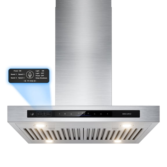 BRANO 30” Island Range Hood 900 CFM – Smart Gesture & Voice Control, Stainless Steel Vent Hood, 4-Speed Fan, LED Lights, Ducted/Ductless Convertible